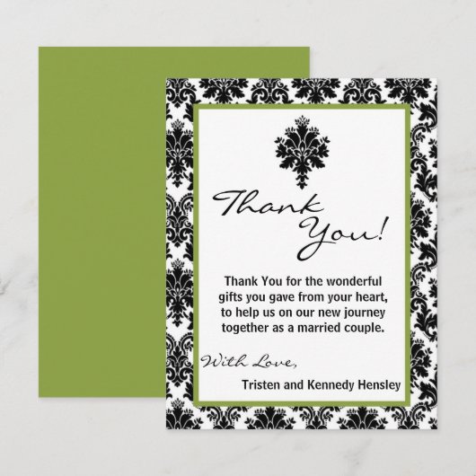 4x5 FLAT Bedankt Card Zwart Groen Damask Kant (Voorkant / Achterkant)