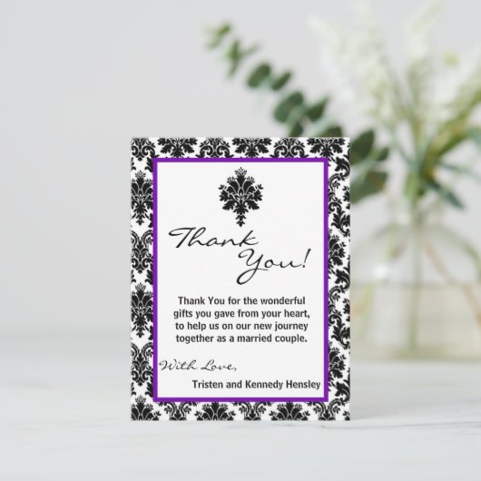 4x5 FLAT Bedankt Card Zwart Paarse Damask Kant (Staand voorkant)