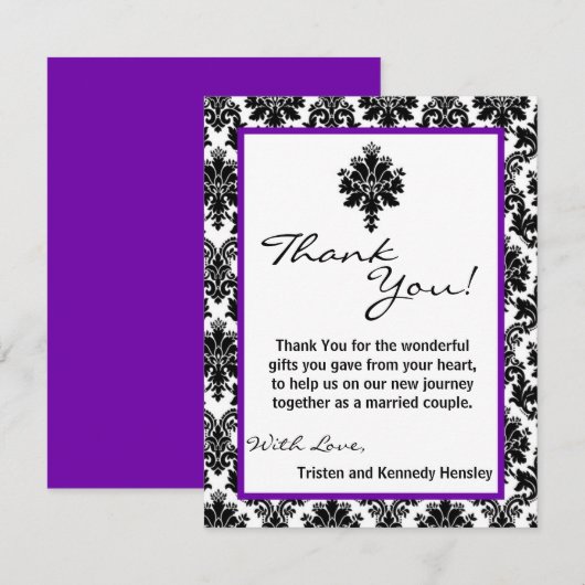4x5 FLAT Bedankt Card Zwart Paarse Damask Kant (Voorkant / Achterkant)
