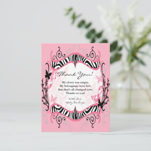 4x5 FLAT Bedankt Kaart Meisje Vlinder Zebra Print (Staand voorkant)