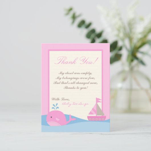 4x5 FLAT Bedankt Kaart Roze Naut Zeilboot Walvis (Staand voorkant)