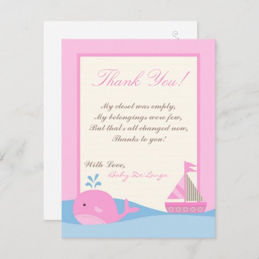 4x5 FLAT Bedankt Kaart Roze Naut Zeilboot Walvis (Voorkant / Achterkant)