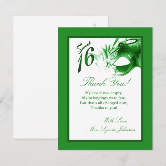 4x5 FLAT Bedankt Kaart Sweet 16 Green Party (Voorkant / Achterkant)