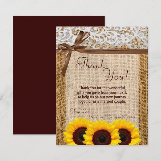 4x5 FLAT Bedankt Kaart Zonnebloem Kant Burlap Coun (Voorkant / Achterkant)