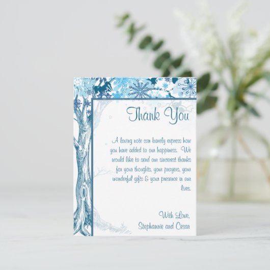 4x5 FLAT Dank u Kaart Blauwe Boom / Snowflakes (Staand voorkant)