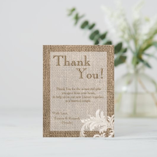 4x5 FLAT Dank u kaart Burlap Kant Country Wester (Staand voorkant)