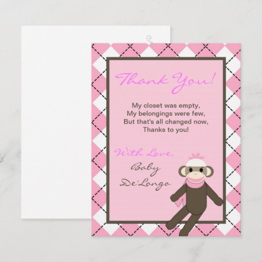 4x5 FLAT - Hartelijk dank voor de roze Argyle Sock Bedankkaart (Voorkant / Achterkant)