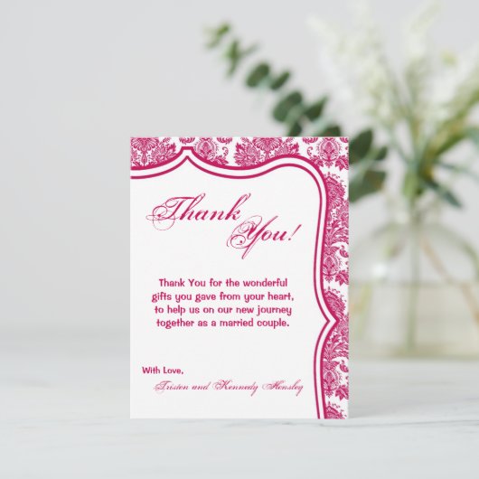 4x5 FLAT - Hartelijk dank voor Fusia White Damask  Bedankkaart (Staand voorkant)