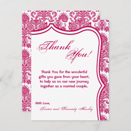 4x5 FLAT - Hartelijk dank voor Fusia White Damask Bedankkaart (Voorkant / Achterkant)