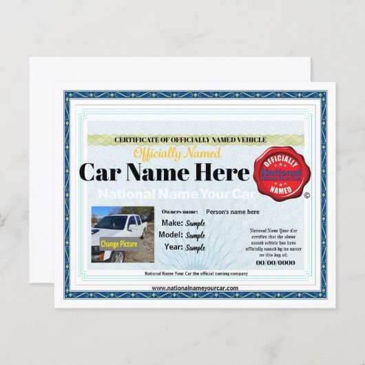 4x5 Nationale Naam Uw Auto officieel certificaat (Voorkant / Achterkant)