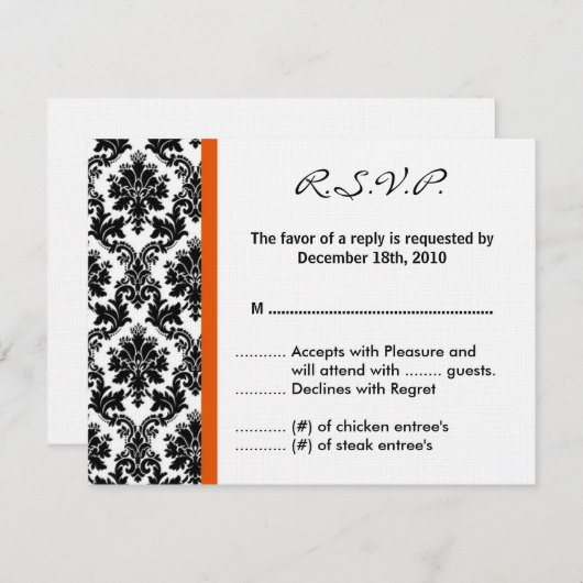 4x5 R.S.V.P. Reply Card - Black Damask Oranje RSVP (Voorkant / Achterkant)
