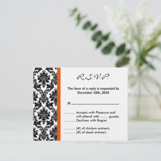 4x5 R.S.V.P. Reply Card - Black Damask Oranje RSVP (Staand voorkant)