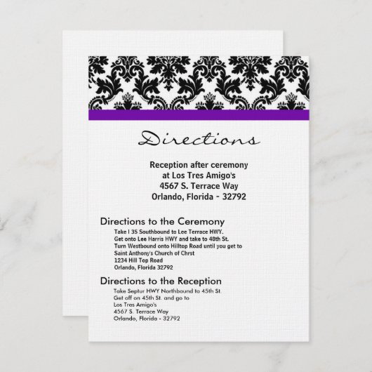 4x5 Routebeschrijving Kaart Zwart Damask Paarse Re (Voorkant / Achterkant)