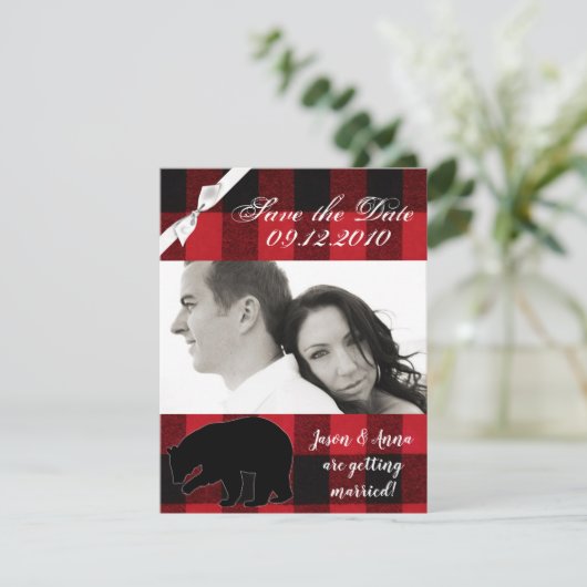 4x5 Save the Date Kaart Red Buffalo Plaid Beer Bla (Staand voorkant)