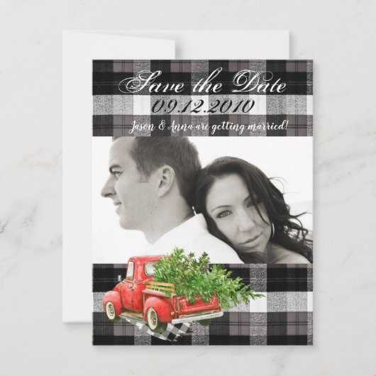 4x5 Save the Date Kaart XMAS Truck Baffalo Plaid B (Voorkant)