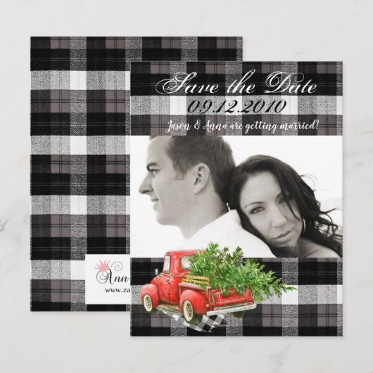 4x5 Save the Date Kaart XMAS Truck Baffalo Plaid B (Voorkant / Achterkant)