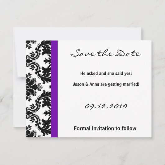 4x5 Save the Date Kaart - Zwart Damask & Paarse (Voorkant)