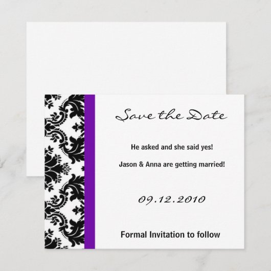 4x5 Save the Date Kaart - Zwart Damask & Paarse (Voorkant / Achterkant)