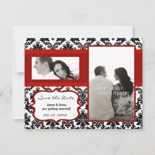 4x5 Save the Date Kaart - Zwart Damask & Rode Crim (Voorkant)