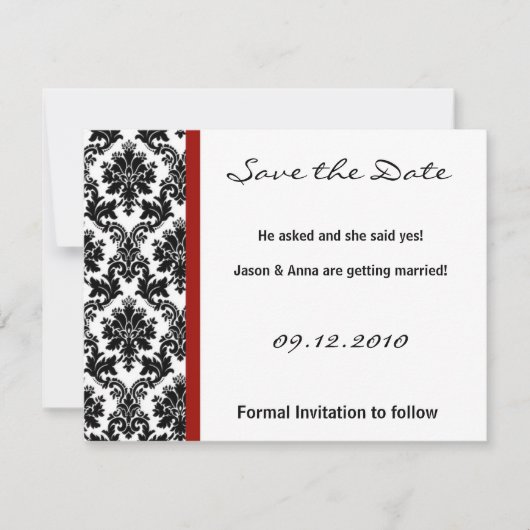 4x5 Save the Date Kaart - Zwart Damask & Rode Crim (Voorkant)