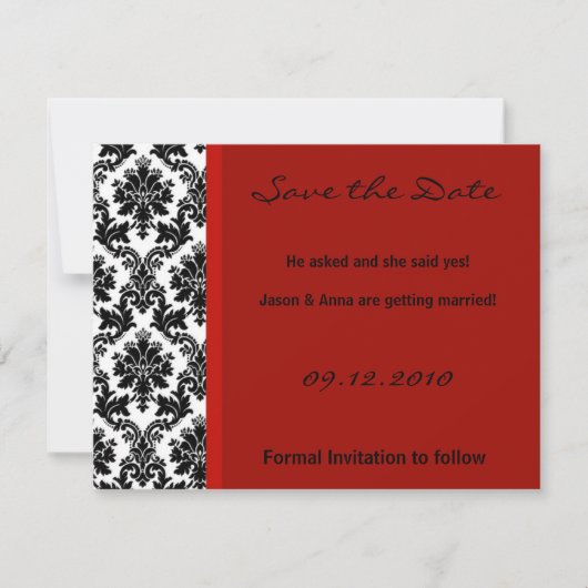4x5 Save the Date Kaart - Zwart Damask & Rode Crim (Voorkant)