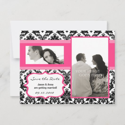 4x5 Save the Date Kaart - Zwarte Damast & Heet Roz (Voorkant)