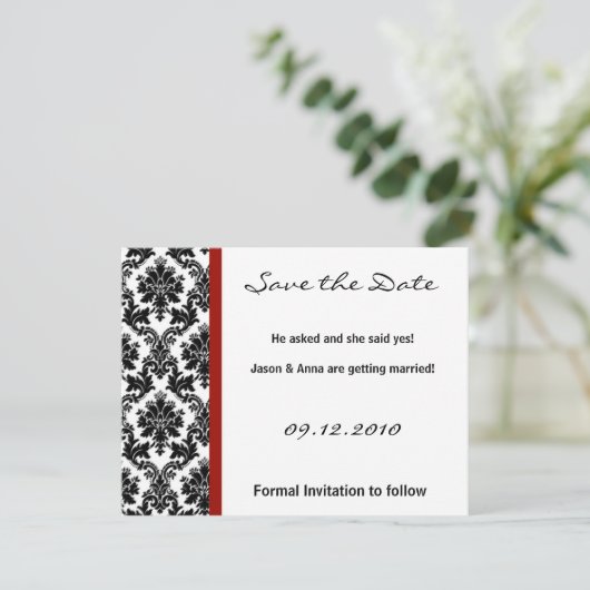 4x5 Sla de datumkaart op - Black Damask & Red Crim Save The Date (Staand voorkant)