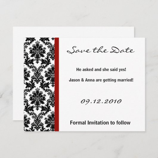 4x5 Sla de datumkaart op - Black Damask & Red Crim Save The Date (Voorkant / Achterkant)
