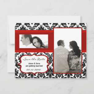 4x5 Sla de datumkaart op - Black Damask & Red Crim Save The Date
