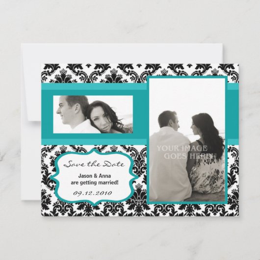 4x5 Sla de datumkaart op - Zwarte Damask & Blauwgr Save The Date (Voorkant)