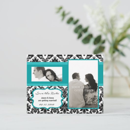 4x5 Sla de datumkaart op - Zwarte Damask & Blauwgr Save The Date (Staand voorkant)