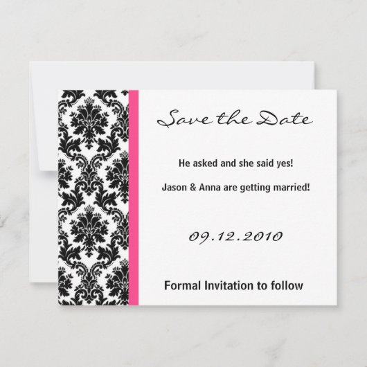 4x5 Sla de datumkaart op - Zwarte Damask & Hot Pin Save The Date (Voorkant)
