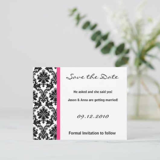 4x5 Sla de datumkaart op - Zwarte Damask & Hot Pin Save The Date (Staand voorkant)