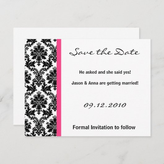 4x5 Sla de datumkaart op - Zwarte Damask & Hot Pin Save The Date (Voorkant / Achterkant)