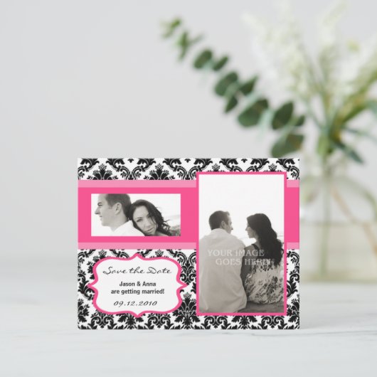 4x5 Sla de datumkaart op - Zwarte Damask & Hot Pin Save The Date (Staand voorkant)