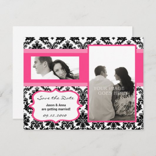 4x5 Sla de datumkaart op - Zwarte Damask & Hot Pin Save The Date (Voorkant / Achterkant)