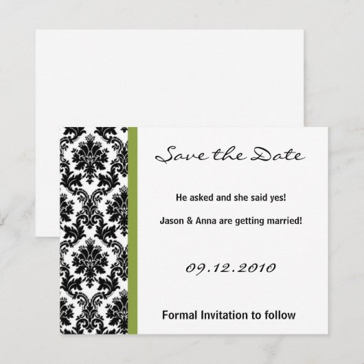 4x5 Uitnodigingskaart - Zwarte Damast & Groen Save The Date (Voorkant / Achterkant)