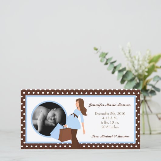 4x8 Blauwe Mod Mom Polka Foto Geboorteaankondiging Aankondiging (Staand voorkant)
