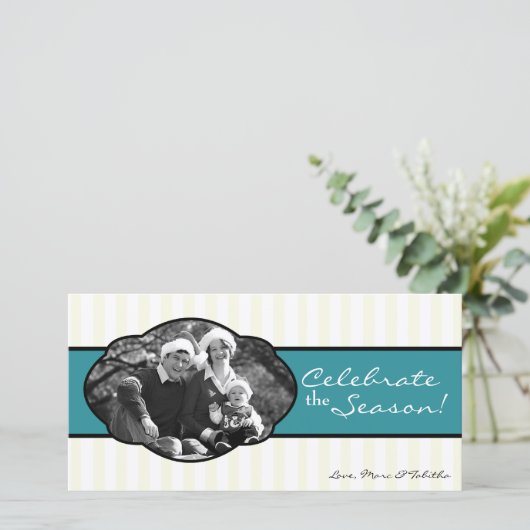 4x8 Blauwgroen Wit Gestreept Lijst FOTO Kerst Kaar Feestdagenkaart (Staand voorkant)