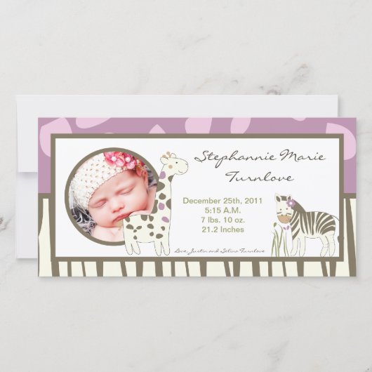 4x8 Foto Geboorteaankondiging Jacana Meisje Jungle Aankondiging (Voorkant)