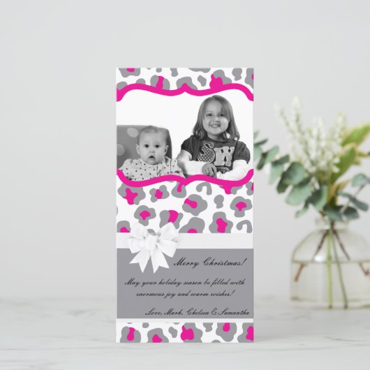 4x8 Grijs Roze Cheetah FOTO Kerst Kaart (Staand voorkant)