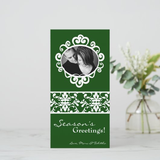 4x8 Groen Witte Damastlijst Foto Kerstkaart (Staand voorkant)