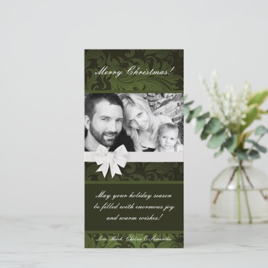 4x8 Groene Bloemboog Lint Foto Kerstkaart (Staand voorkant)