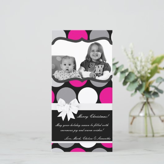 4x8 Heet Roze Zwart Stippenfoto Kerstkaart (Staand voorkant)