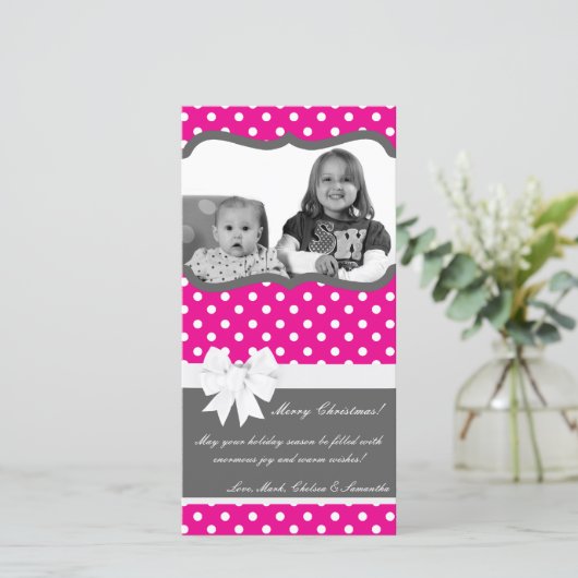 4x8 Heet Roze Zwart Stippenfoto Kerstkaart (Staand voorkant)