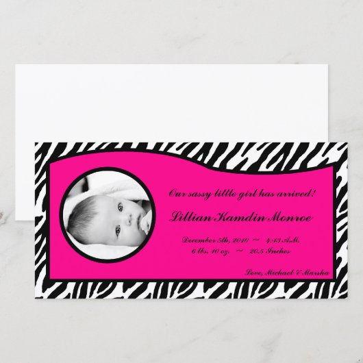 4x8 Hot Roze Zebraprint Foto Geboorteaankondiging Aankondiging (Voorkant / Achterkant)