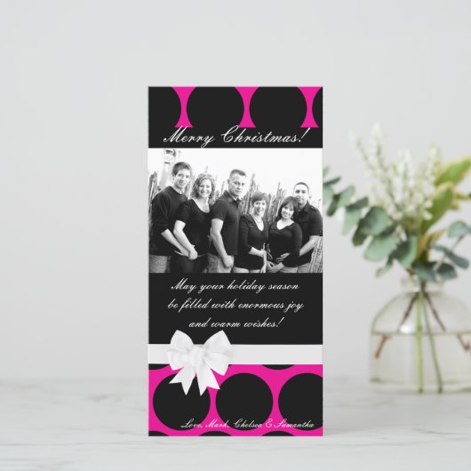 4x8 Hot Roze Zwarte Polka Dot FOTO Kerst Kaart (Staand voorkant)