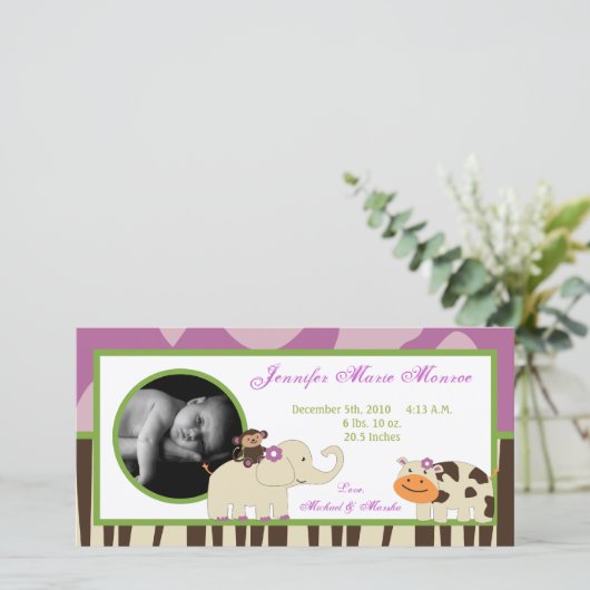 4x8 Jucana Paarse Dieren Foto Geboorteaankondiging Aankondiging (Staand voorkant)