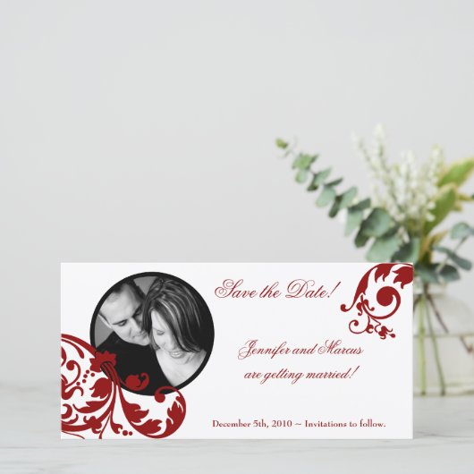 4x8 Mededeling van het Verloving Crimson Red Flora Save The Date (Staand voorkant)