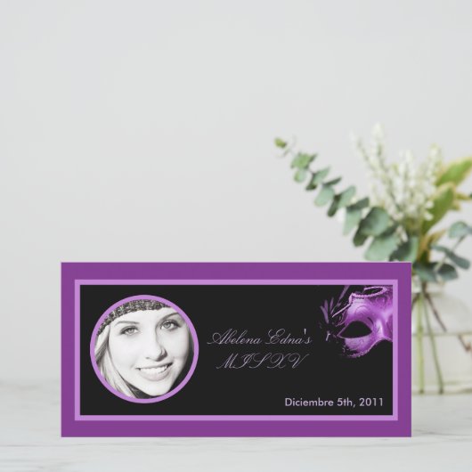 4x8 Mis XV Paarse Lila Black Party Aankondiging (Staand voorkant)